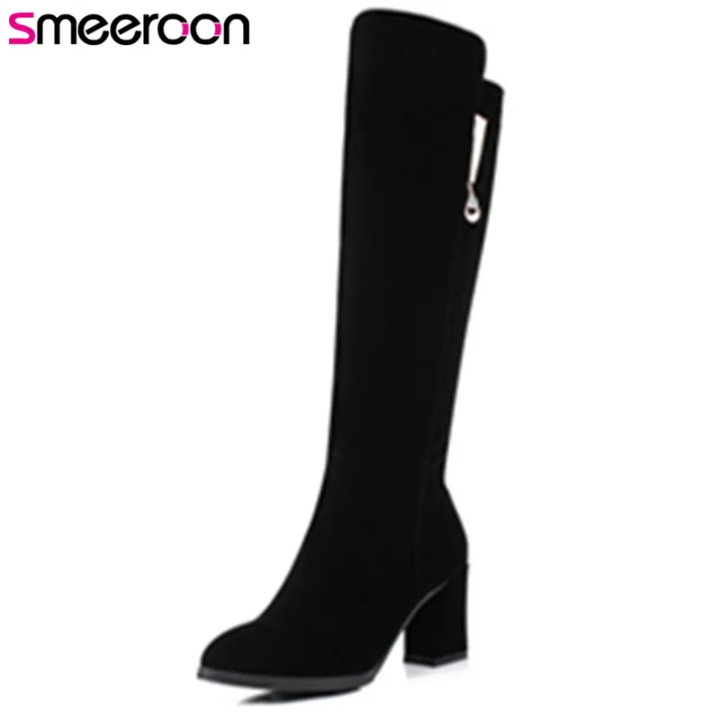 

Smeeroon 2018 new autumn winter boots for women high heels round toe knee high boots zip boots flock boots wedding shoes