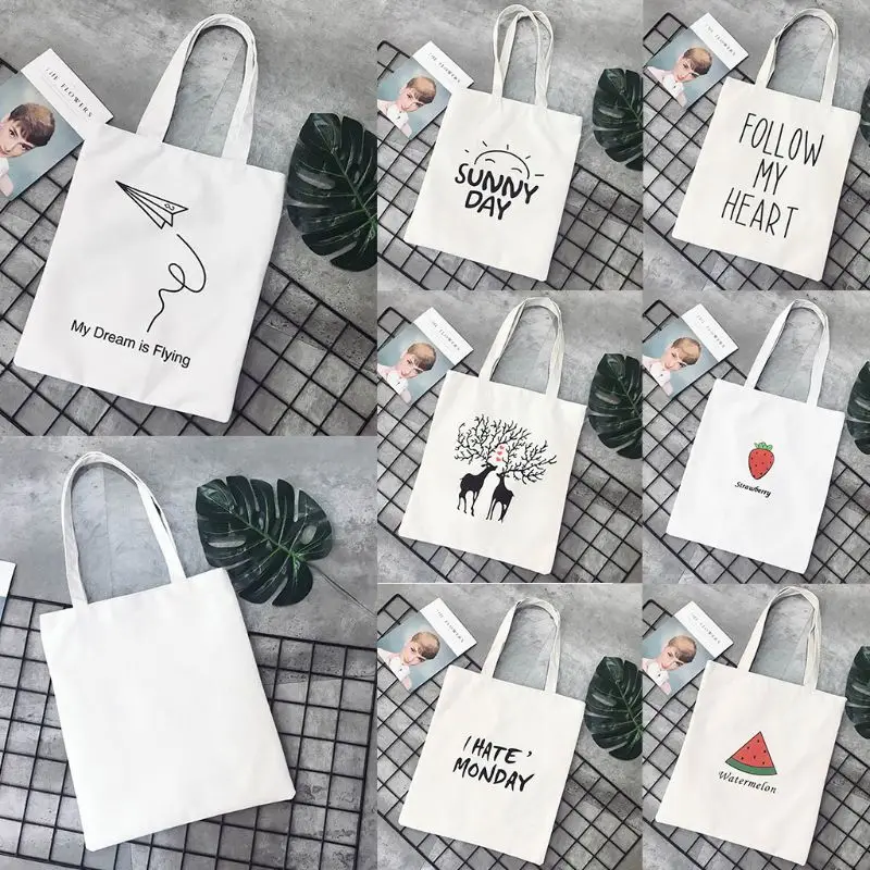 THINKTHENDO Cute Print Canvas Tote Women Shopper Shopping Shoulder Bags Reusable Foldable Fashion Handbags 12 Pattern