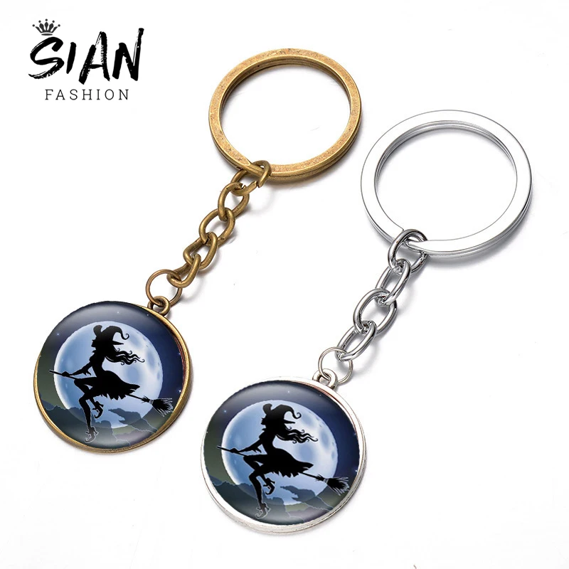 

SIAN New Arrival Witch & Moon Keychain Cartoon Patterns Glass Cabochon Pendant Alloy Key Chain Ring Halloween Gift Goth Jewelry