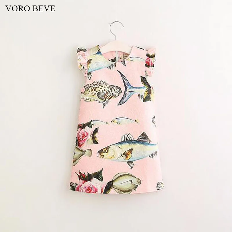 VORO BEVE 2017 New Fashion Girl princess dress children clothing fish printed dress for kids vestidos