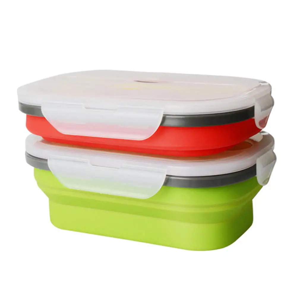 

950ML Healthy Material Portable Shrink Silicone Folding Lunch Box Eco-Friendly Food Container Colorful Red Green Bowl