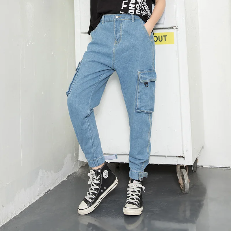 

Women High Waist Pocket Spliced Loose Casual Haren Jeans Female Streetwear Hip Hop Denim Cargo Pants Boyfriend Jeans Trousers