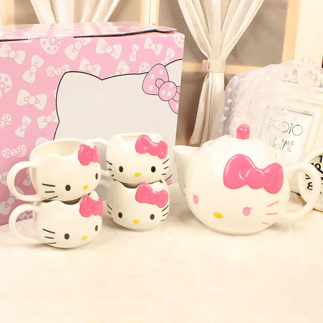5pieces/lot Hello Kitty Tea Pot Cup Set Novelty Coffee Milk Tea Cup Pot
