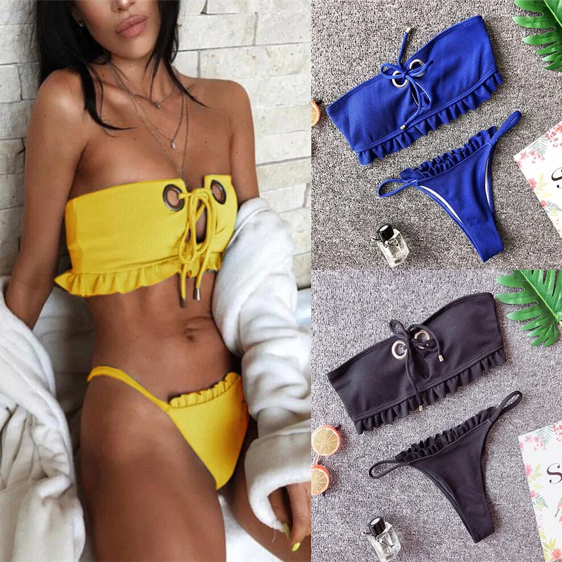 

Sexy Micro Ruffle Bikinis 2019 Women Bandeau Push-up Padded Bra Bikini Set Swimwear Swimsuit Bathing Suit Brazilian Biquini