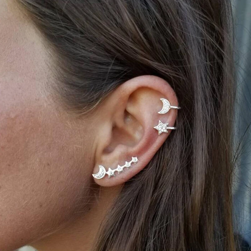 

Set Earrings Bohemian Moon Star Crystal Studs Earring For Women Girl Metal Geometric Stud Earrings Eaf Cuff Bijoux Wholesale