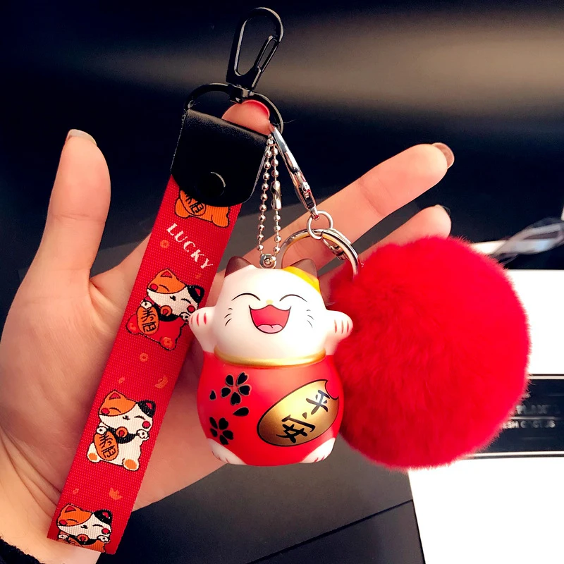 

Cute Fluffy Rabbit Fur Ball Key Chains Smiley Face Lucky Cat Pompom Keychain Wristband Pompon Key Ring Bag Charm Car Key Chain
