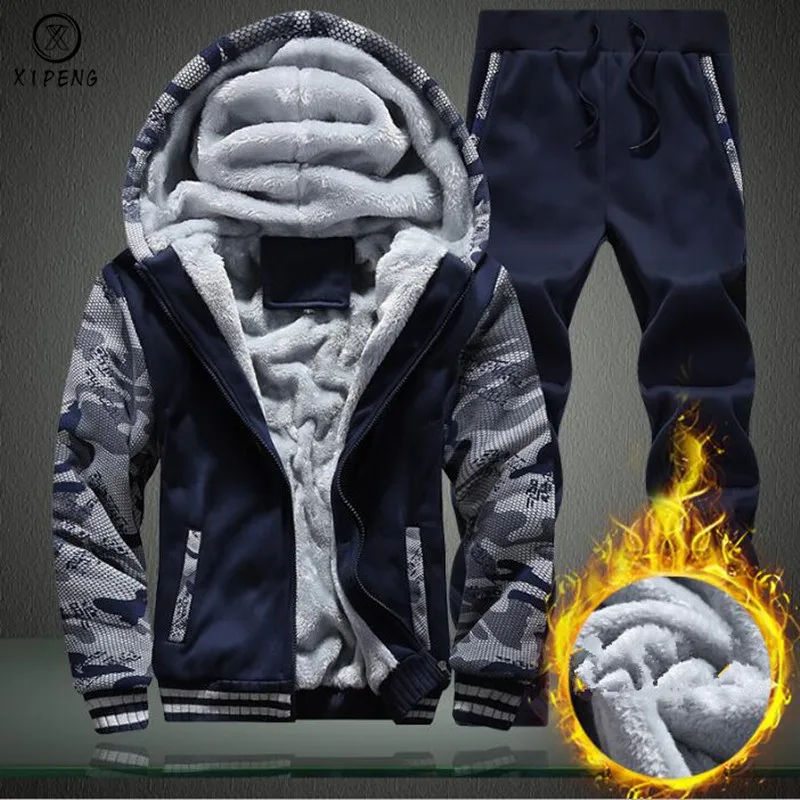 

Sporting Camouflage Tracksuit Men 2019 New Winter Thicken Hoodies Hooded Coats Fleece Pants Sportswear Men's Set Warm Suit Man