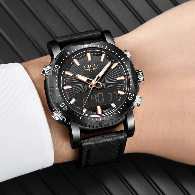 

2019 New LIGE Mens Watches Top Brand Luxury Men's Casual Double Display Quartz Watch Men Sports Waterproof Watch Erkek Kol Saati