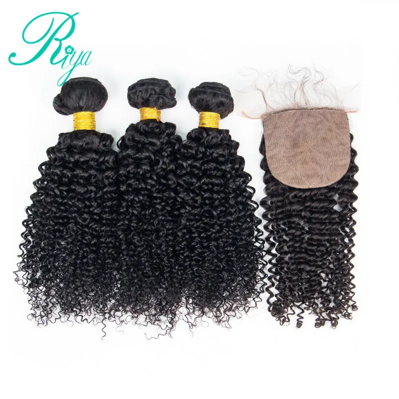 

Riya Hair Afro Kinky Curly Brazilian 100% Human Hair 3 / 4 Wave bundles with 4*4 Silk Base lace Closure Remy Hair Extension