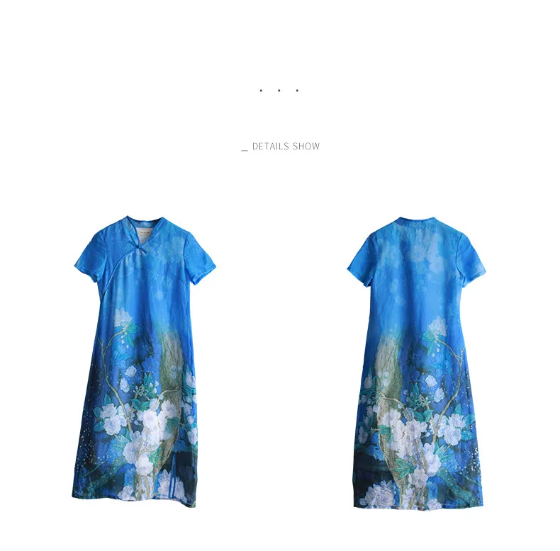 LZJN Women's Summer Dresses Flax Linen Cheongsam Qipao Collar Chinese Style Royal Blue Long Dress (21)