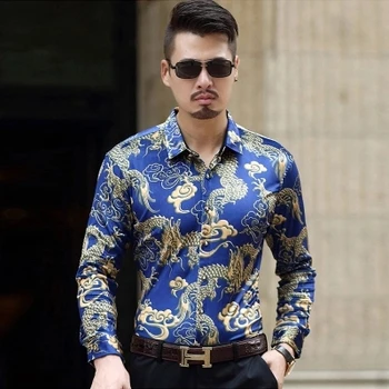 

Brand casual business male fashion slim fit men shirt camisa long sleeve Dragon Printing social shirts dress clothing 7XL