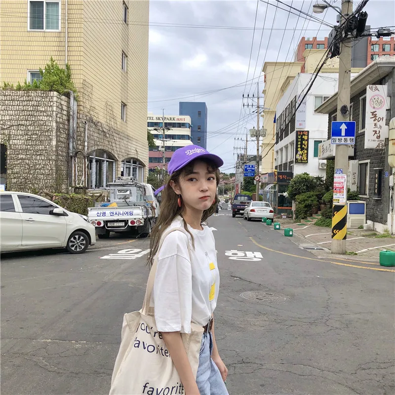 Simple Chinese letter purple causal college wind printed 2018 new light short sleeve cotton female tees