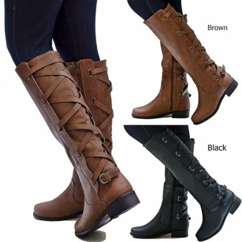 

Winter Leather Women Flat Boots High Quality Cross Tied Lace Up Long Knee High Knight Motorcycle Boots Plus Size 35-43