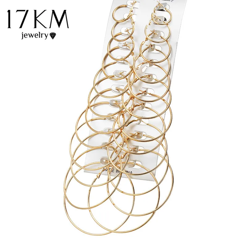 

17KM Oversize Big Circle Hoop Earring Set For Women Simple Punk Style Brincos Round Earrings Party Jewelry Gift 12 pair /lot