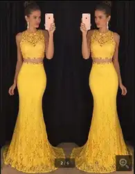 2017 новое прибытие желтый кружева из двух частей sexy пром dress длина пола без рукавов мода русалка пром платья простые платья выпускного вечера