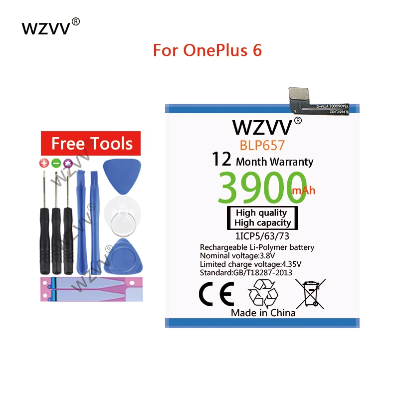 

wzvv 3900mAh Li-Polymer battery BLP657 for OnePlus 6 OnePlus Six 1+ One plus 6 Replacement Batteries