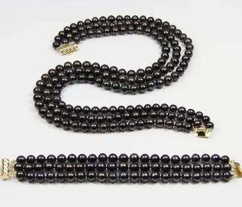 

3 ROW 8-9mm AAA Black tahitian Pearl Necklace Bracelet Set KGP 18-20" 7.5.8 "r