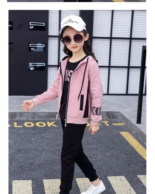 Sport Girls Clothing Sets For Fall Children Clothing Suits Girls Coat+Tops+Pants 3Pcs Fashion Clothes Set - Цвет: Розовый