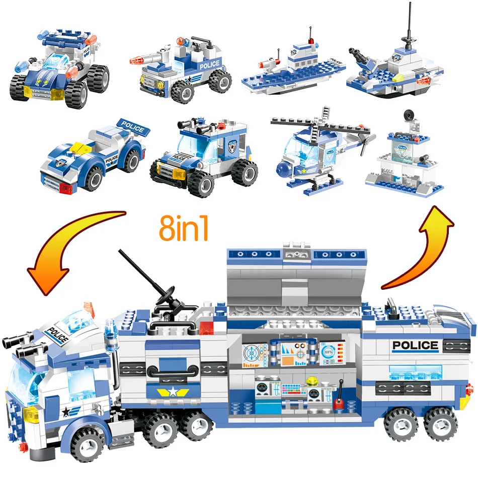 Billige 8 IN 1 SWAT Stadt Polizei Lkw Station Bausteine Kompatibel legoingly Stadt Polizei Hubschrauber Figuren Ziegel Spielzeug für Kinder