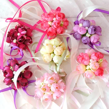 

10PCS Wrist Flower Rose Silk Ribbon Bride Corsage Hand Decorative Wristband Bracelet Bridesmaid Curtain Band Clip Bouquet