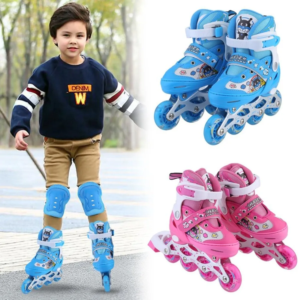 

New Children Kids Inline Speed Skates Roller 4 Wheels Skating Shoes+ Protective Bracers Set + Helmet Fun Game Great Gift