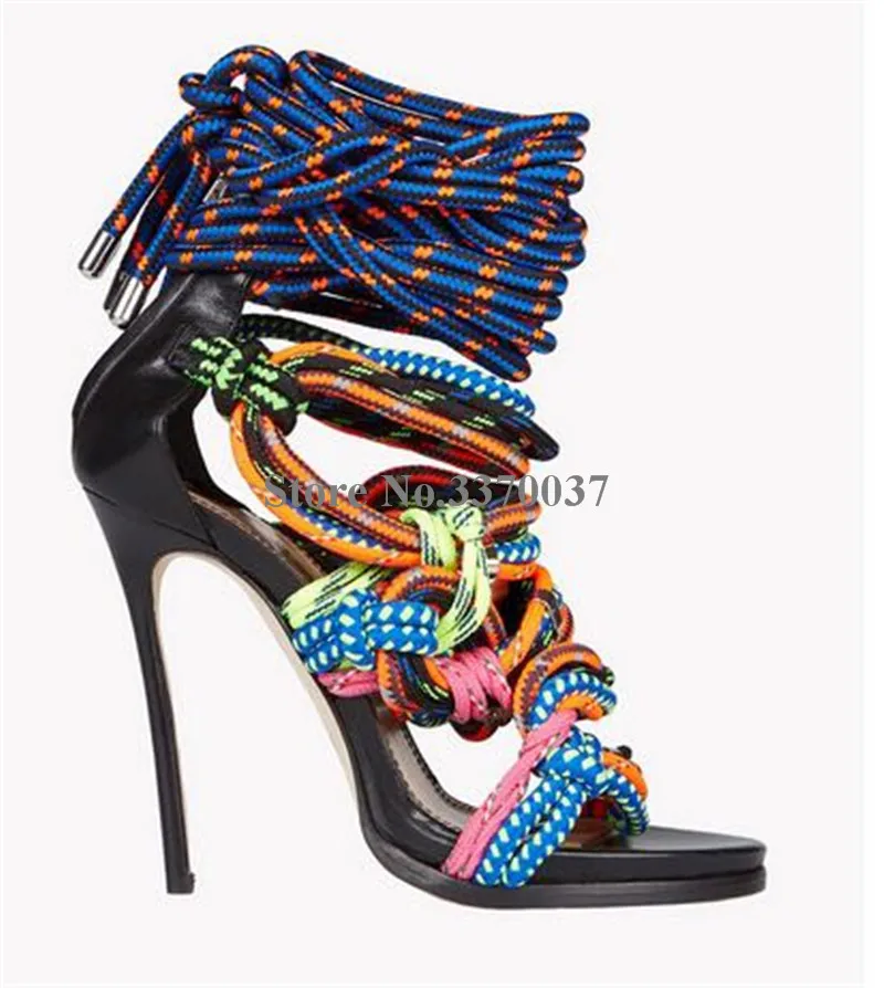 Пикантные женские разноцветные босоножки на высоком каблуке с перекрестными ремешками сандалии-гладиаторы на платформе с вырезами туфли на очень высоком тонком каблуке с завязками