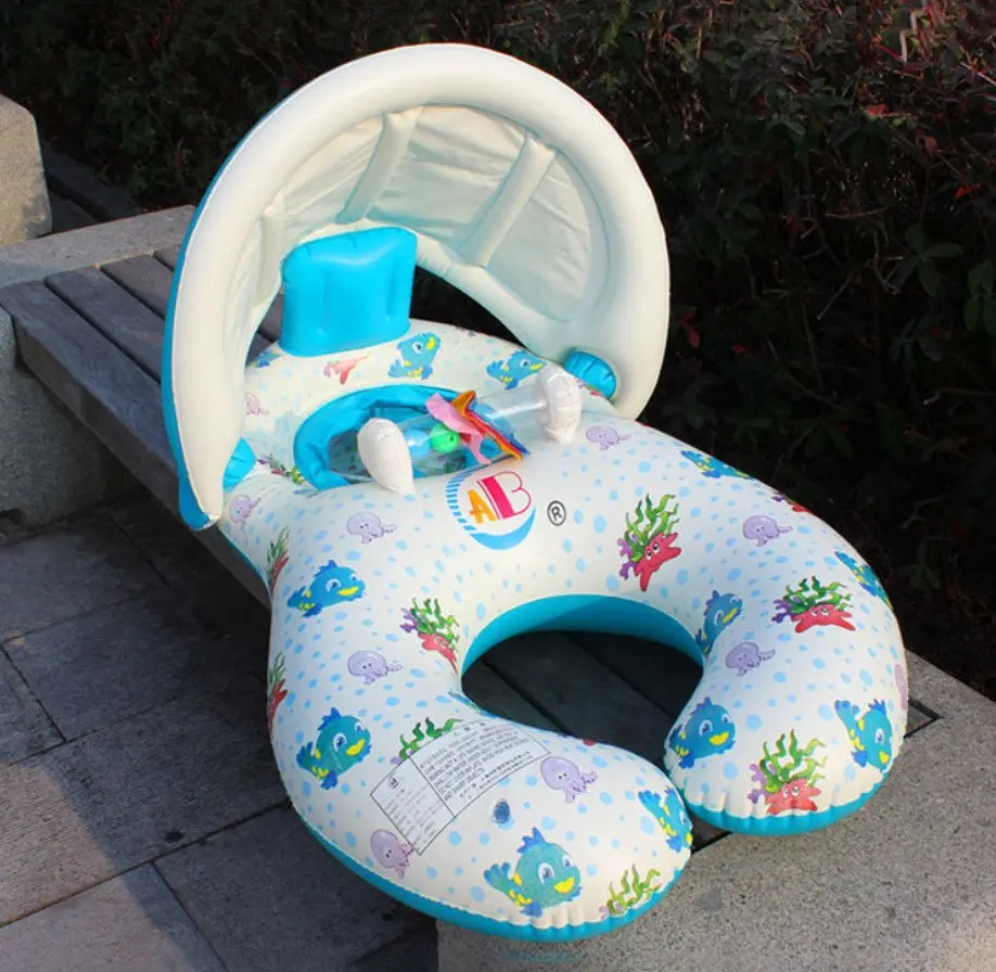 Inflatable Baby Swim Ring Parent-child Double Shade Swimming Ring Baby Inflatable Boat With Awning - Цвет: White