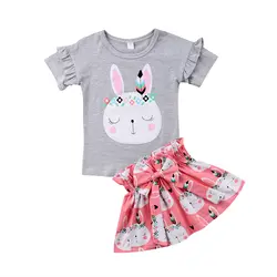 Пасхальные Одежда для детей; малышей; девочек Кофты с зайцами футболка с короткими рукавами Высокая Талия мини-юбка наряды одежда летний