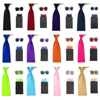 

Men Solid Thin 5cm Necktie 4 Point Pre-folded Hanky Pocket Square Cufflinks Set SETBW0041