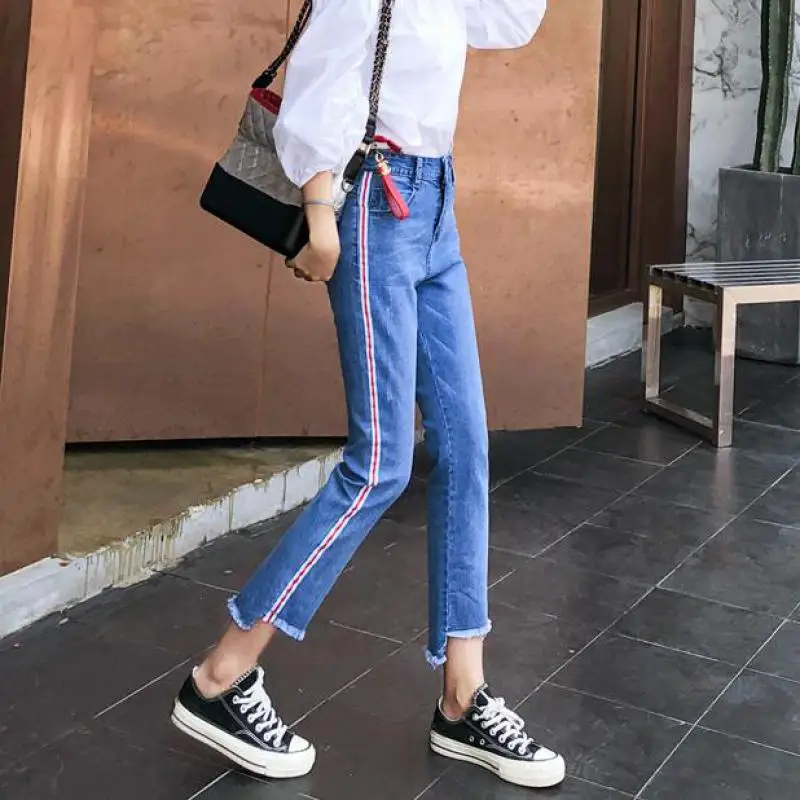 Straight Jeans Pants Women 2019 Summer Striped Femme Pantalon Plus Size 32 Stretch Mom Jeans Femme Retro Jeans Mid Waist