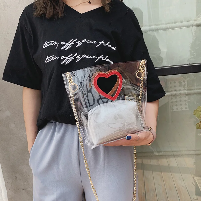 

FGGS-Women'S Diagonal Package Jelly Package Heart-Shaped Portable Transparent Wild Shoulder Bag +Clutch