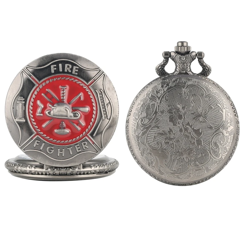 Винтажный серый красный огненный боец символ резьба карманные часы псевдо-антиквариат пожарный кварцевые часы пожарный кулон подарок
