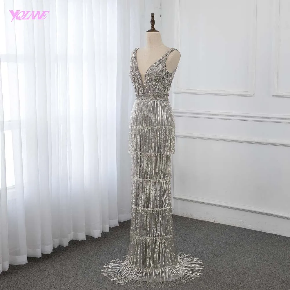 Luxury Sliver Rhinestones Evening Dresses Long Deep V-neck Mermaid Formal Gown Sleeveless YQLNNE