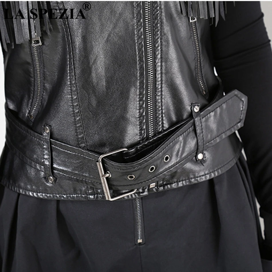 LA SPEZIA Womens Fringe Vest Black Faux Leather Waistcoat Ladies Belt Street Motorcycle Female Autumn Slim Sleeveless Jackets