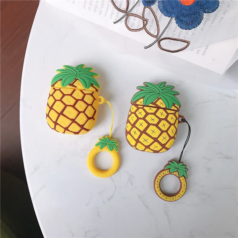 

For APPLE AirPods ear cover bluetooth headset case cute summer tropical fruit pineapple yellow silicone case with ring lanyard