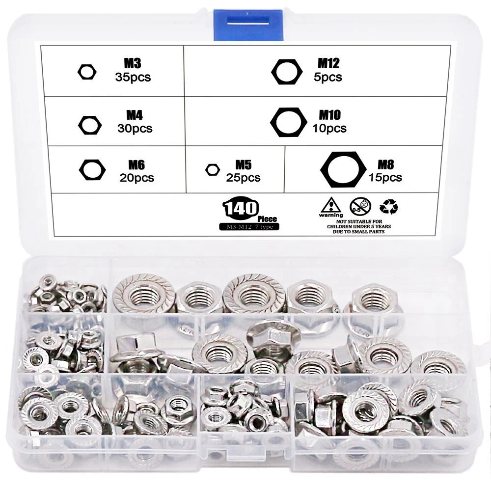 New 140-Pcs M3 M4 M5 M6 M8 M10 M12 Hex Flange Nuts Assortment Kit - 304 Stainless Steel