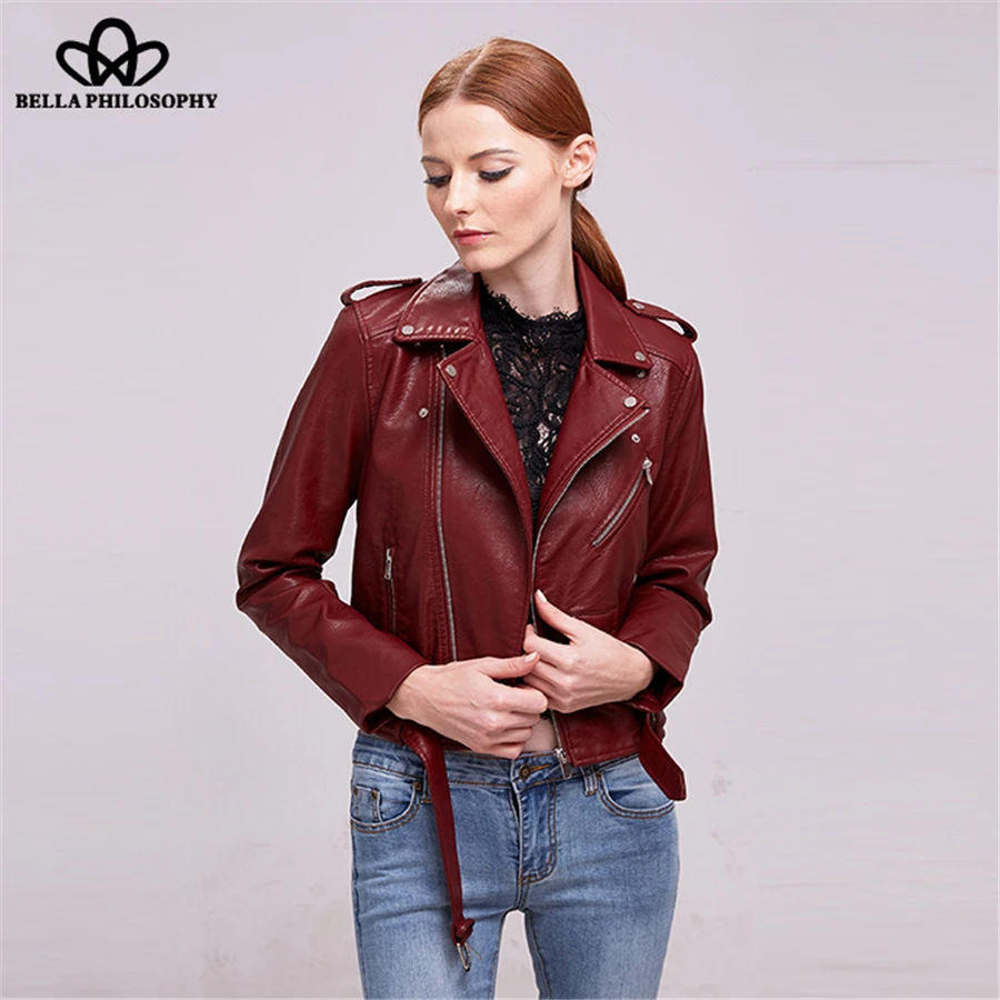 Wonder 2018 women spring autumn new faux leather zipper biker jacket female casual sashes PU jacket coat ladies coat