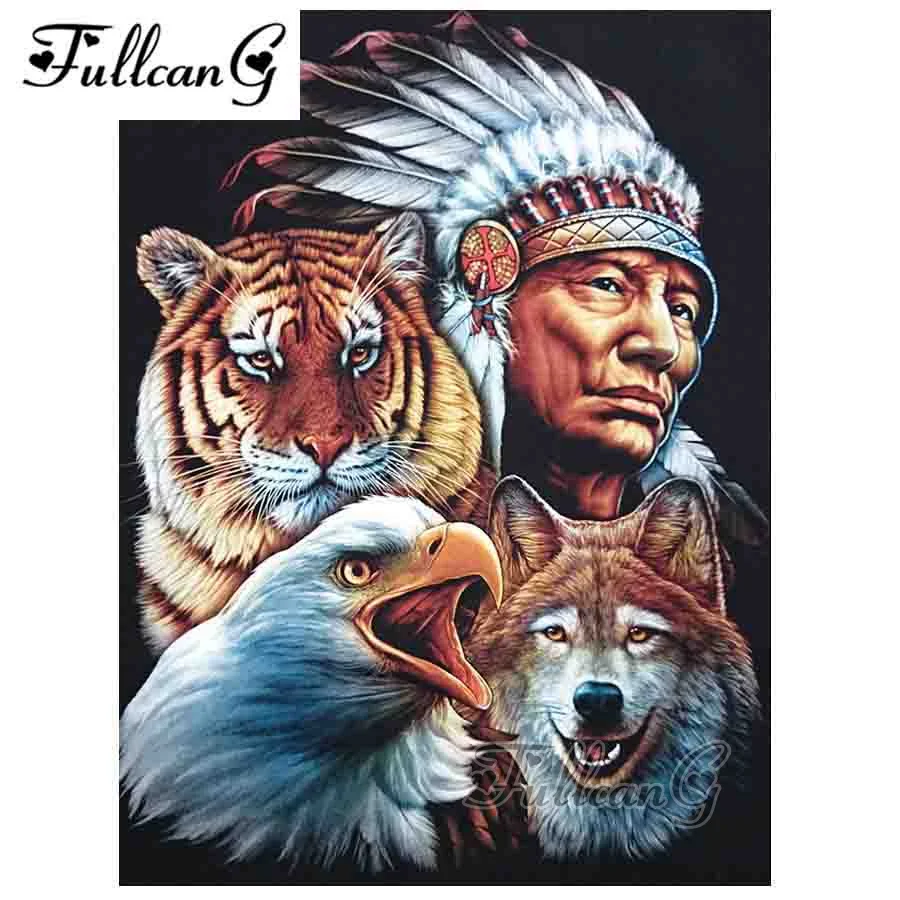 FULLCANG diy 5d diamond embroidery indians man and tiger animals diamond painting cross stitch full square mosaic arts G278
