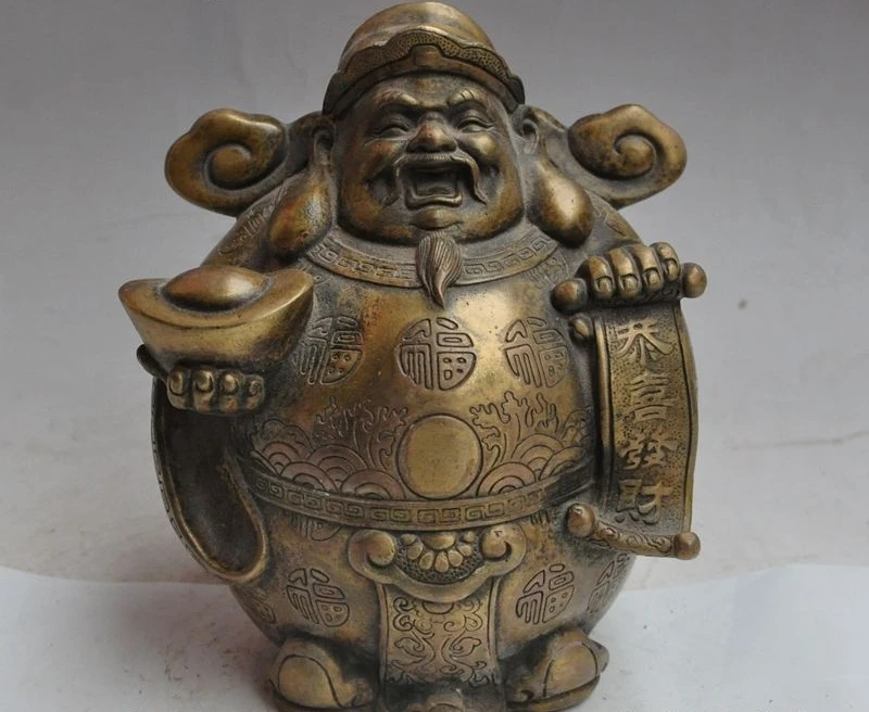 

8" chinese bronze wealth yuanbao ingot ruyi Fortuna Mammon god lucky rich statue
