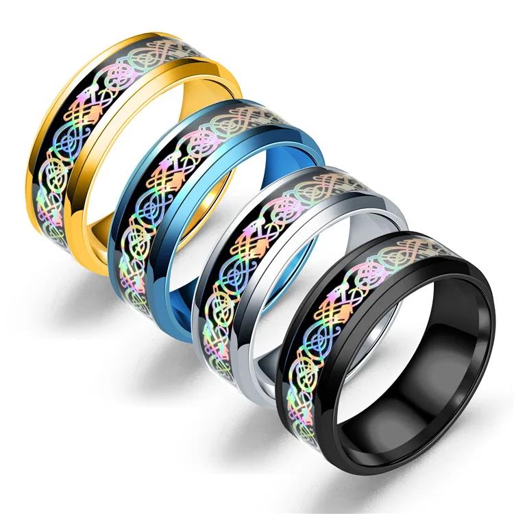 

New fashion jewelry 8mm Stainless Steel colorful dragon tattoo ring For Women/men Fashion Jewlery gift 4 colour for your choose