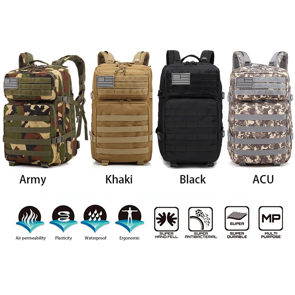 

45L Military Backpack Tactical Assault Pack Sport Waterproof Outdoor Bag Camping Hiking Trekking Hunting Breathable Rucksack D20