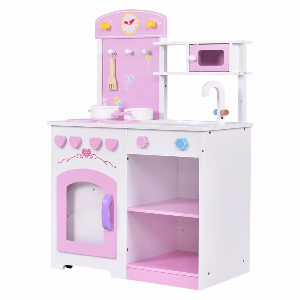 2 in 1 Kids Kitchen Play Set with Chair Wood Pretend Toy Cooking Set Children Cabinet Toddler Cook Playset Gifts