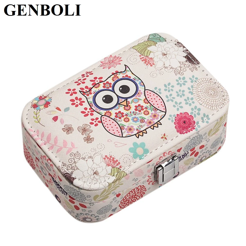 GENBOLI Owl Pattern Travel Jewelry Box Portable Leather Carrying Case Jewelry Organizer Storage Display Packaging Casket