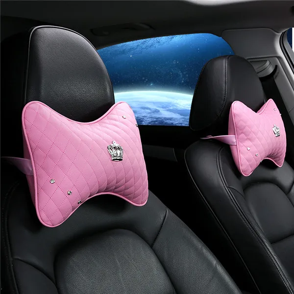 2 Pcs Car Headrest Pillow Neck Cushion Women Crown Rhinestone
