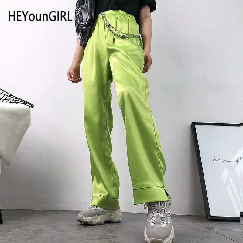 

HEYounGIRL Neon Green High Waist Pants Capri Harajuku Casual Straight Ladies Trousers Baggy Satin Pants Women Pockets Streetwear