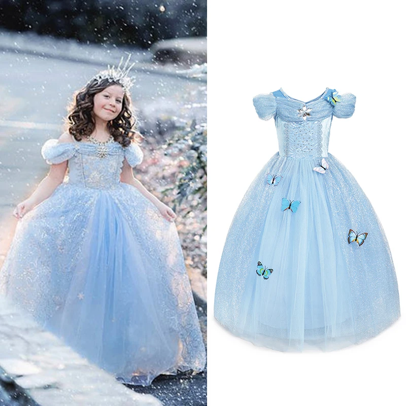 

Girls Cinderella Dress up Ball Gown Kids Butterfly Embroidered Elsa Belle Princess Cosplay Costume for Halloween Birthday Party