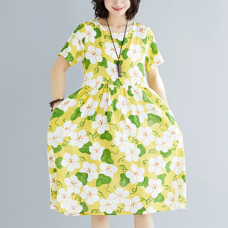 

Fashion 2019 New Women Dresses Casual Cotton Linen Summer Dress Short Sleeve O-Neck Slim Waist Floral Print Vintage Dress