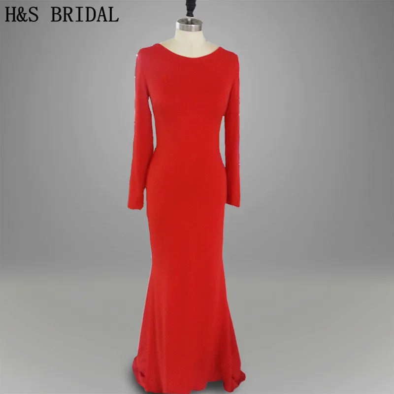 Real photo Formal Evening Gown Sleeves 2017 Elegant low back sexy red and white long sleeves prom dress backless evening dresses
