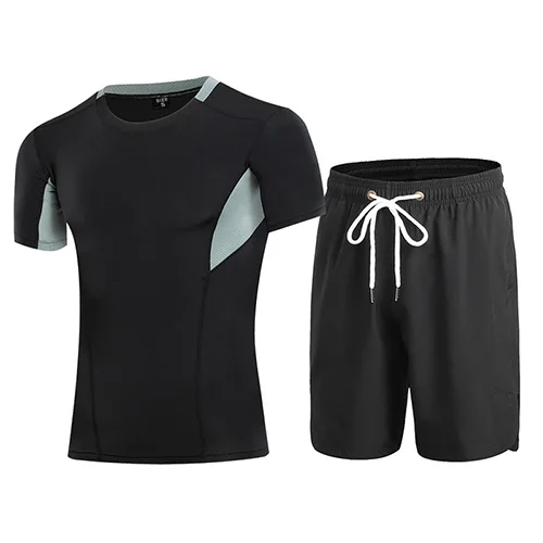 Летний для мужчин's комплект для бега тренажерный зал фитнес-плотно рубашки с короткими рукавами и шорты для женщин спортивный костюм дышащие черны - Цвет: black
