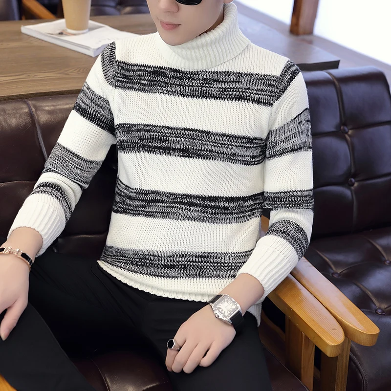

2019 High collar Pullover Men slim fit Clothing Autumn Winter New Arrival Cashmere Wool Sweater Men Casual Striped knit shirts